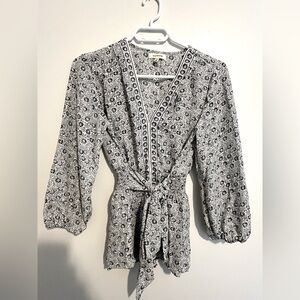 Black and white floral wrap shirt